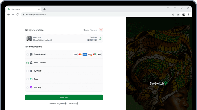 SaySwitch hosted checkout in a browser window